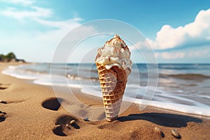 ice cream cone on beach background, ai generated