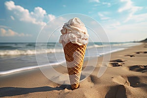 ice cream cone on beach background, ai generated
