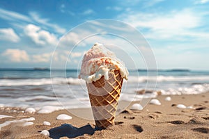 ice cream cone on beach background, ai generated