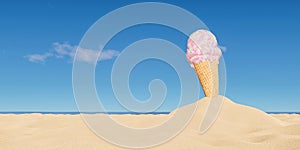 Ice cream cone on beach sand. summer time