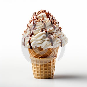 An ice cream cone with chocolate drizzles on top, clipart on white background.