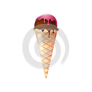 Ice cream cone with chocolate and fruit topping isolated on white background