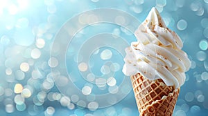 Ice cream cone close-up. Pink Icecream scoop in waffle cone over blue background.