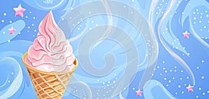 Ice cream cone close-up. Pink Icecream scoop in waffle cone over blue background.