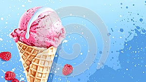 Ice cream cone close-up. Pink Icecream scoop in waffle cone over blue background.