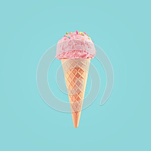 Ice cream cone close-up. Pink Icecream scoop in waffle cone over blue background. Strawberry or raspberry flavor Sweet dessert