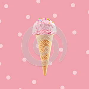 Ice cream cone close-up. Pink Icecream scoop in waffle cone over pink background. Strawberry or raspberry flavor Sweet gelato photo