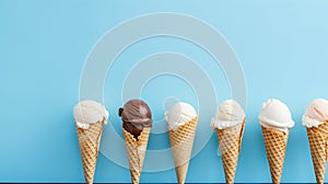 Ice cream cone close up. vanilla Ice cream scoop in waffle cone over blue background. AI Generative