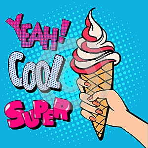 Ice Cream Cone with Comic Style Typography. Pop Art
