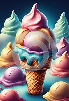 Ice cream cone with different flavours on blue background Generative AI