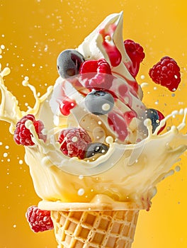 ice cream cone. Explosion of fruit flavours. Isolated on yellow background