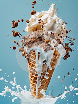 ice cream cone. Explosion of vanilla cream and chocolate. Isolated on light blue background