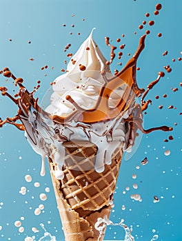 ice cream cone. Explosion of vanilla cream and chocolate. Isolated on light blue background