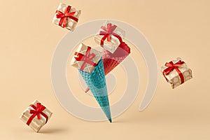 Ice cream cone with falling gift box