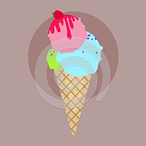 ice cream in a cone flat cartoon illustration strawberry