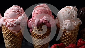 Ice cream cone flat lay over a dark background. White vanilla, strawberry and dark chocolate flavors