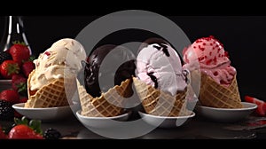 Ice cream cone flat lay over a dark background. White vanilla, strawberry and dark chocolate flavors