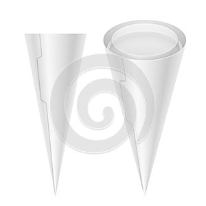 Ice cream cone with flat transparent lid and eyelet. Blank vector isolated realistic packaging mockup illustration