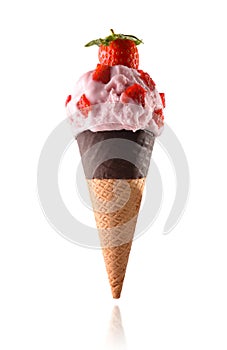Ice cream cone flavored strawberry isolated white