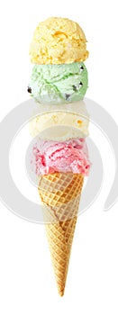 Ice cream cone with four scoops isolated on a white background