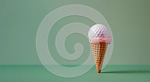 Ice cream cone with a golf ball inside against pastel green background.