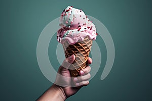 Ice cream cone on hand on dark blue background.