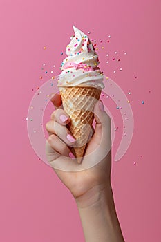 Ice cream cone in hand. Selective focus.