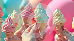 Ice cream cone in hand. Selective focus.