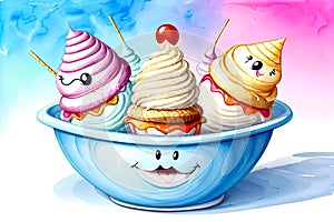 Ice cream cone happy smiling dish vanilla strawberry flavor photo