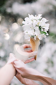 Ice cream cone made of white flowers