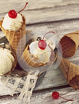 Ice cream cone with maraschino cherry