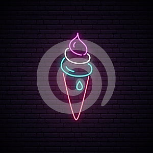 Ice cream cone neon sign. Bright signboard.