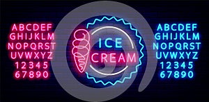 Ice cream cone neon sign with shiny alphabet. Candy shop emblem. Summer dessert. Isolated vector illustration