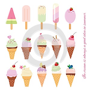 Ice cream cone and popsicle set on white. photo