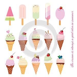 Ice cream cone and popsicle set on white.