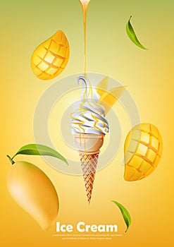 Ice cream in the cone, Pour mango syrup and a lot of mango background, transparent Vector