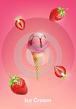 Ice cream in the cone, Pour strawberry syrup and a lot of strawberry background, illustration Vector