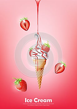 Ice cream in the cone, Pour strawberry syrup and a lot of strawberry background, transparent Vector