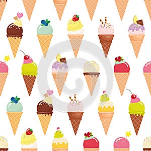 Ice cream cone seamless pattern background. Realistic. Bright and pastel colors. Isolated on white. Added in swatches.