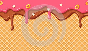 Ice cream cone seamless pattern. Waffle texture with melting strawberry and chocolate glaze. Dripping syrup with