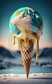 Ice cream cone in the shape of globe flowing down