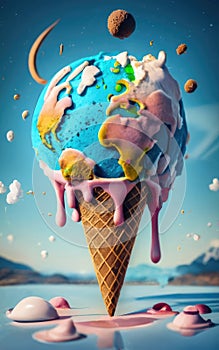 Ice cream cone in the shape of globe flowing down