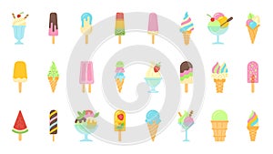 Ice cream cone simple flat cartoon icon vector set