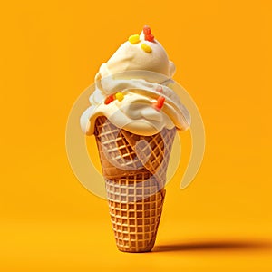 Ice cream cone is sitting on yellow background. The ice cream cone has been filled with vanilla and orange flavored ice