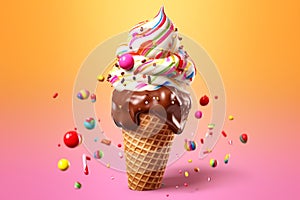 Ice cream cone with sprinkles in vivid background