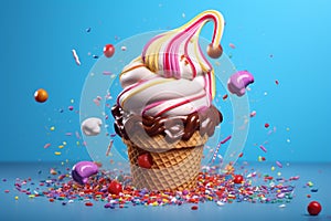 Ice cream cone with sprinkles in vivid background