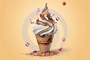 Ice cream cone with sprinkles in vivid background
