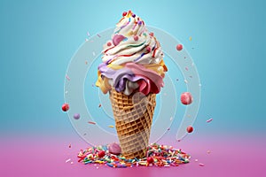 Ice cream cone with sprinkles in vivid background