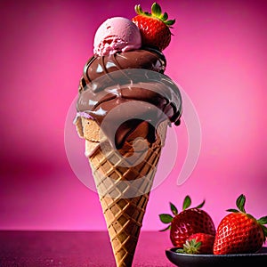 Ice-cream in cone standing on the table