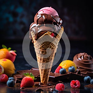 Ice-cream in cone standing on the table